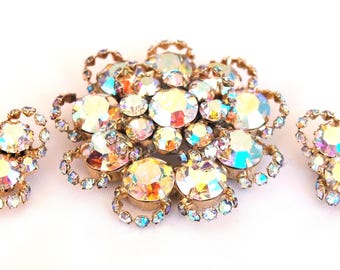 Juliana D&E Halo AB Rhinestone Brooch Earring Set Vintage Jewelry
