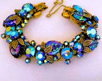 Juliana D&E Blue Carved Art Glass AB Rhinestone Brass Gold Leaves Bracelet