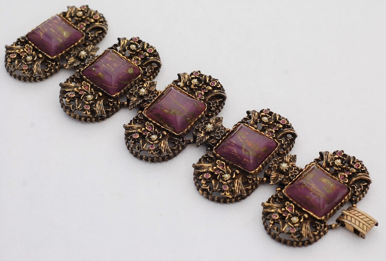 Selro Ornate Wide Brass Purple Fluss Lucite Rhinestone Victorian Bracelet