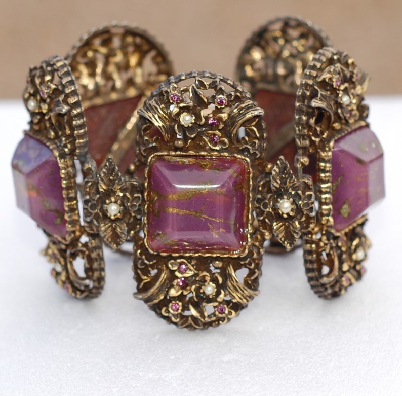 Selro Ornate Wide Brass Purple Fluss Lucite Rhinestone Victorian Bracelet
