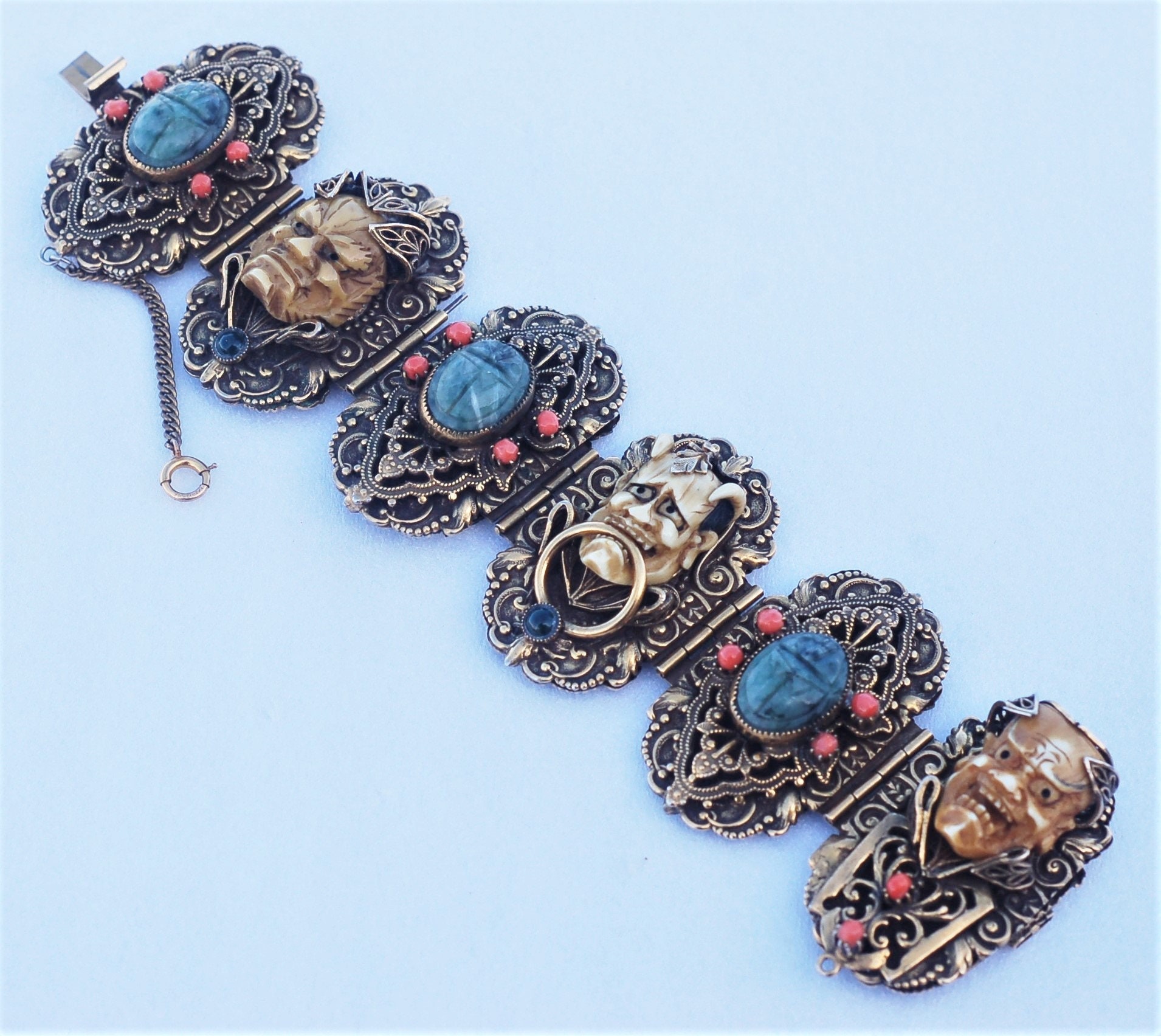 RARE J Braunstein Smiling Devil Monster Faces Scarab Ornate