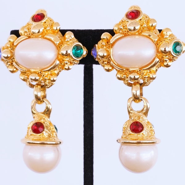 Vintage Moghul Gold Rhinestone Jeweled Pearl Dangle Earrings Huge Couture