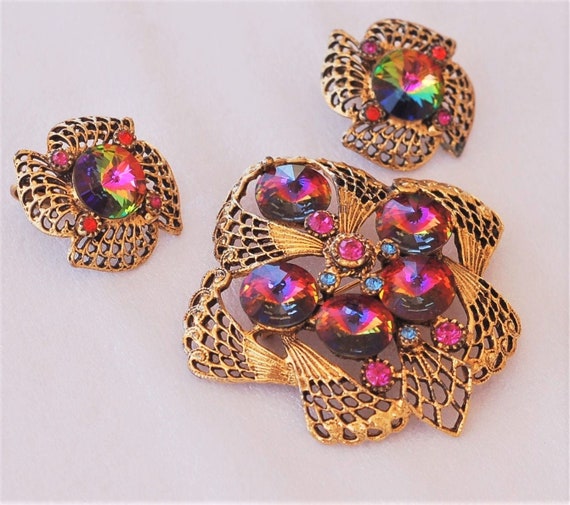 Vintage Rhinestone Rivoli Brooch Pin Earring Set P