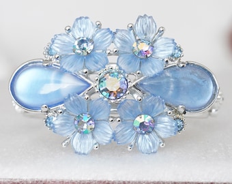 Selro Blue Satin AB Rhinestone Floral Hinged Clamper Bracelet Earring Set