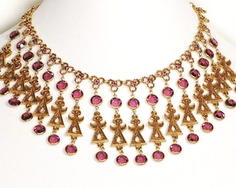 Goldette Egyptian Purple Crystal Rhinestone Necklace Earring Set Vintage Jewelry