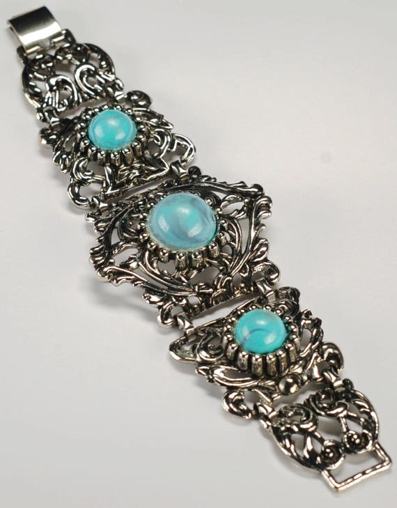 Vintage Chunky Faux Turquoise Silver Bracelet - image 3