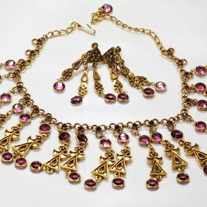 Goldette Egyptian Purple Crystal Rhinestone Necklace Earring Set Vintage Jewelry image 3