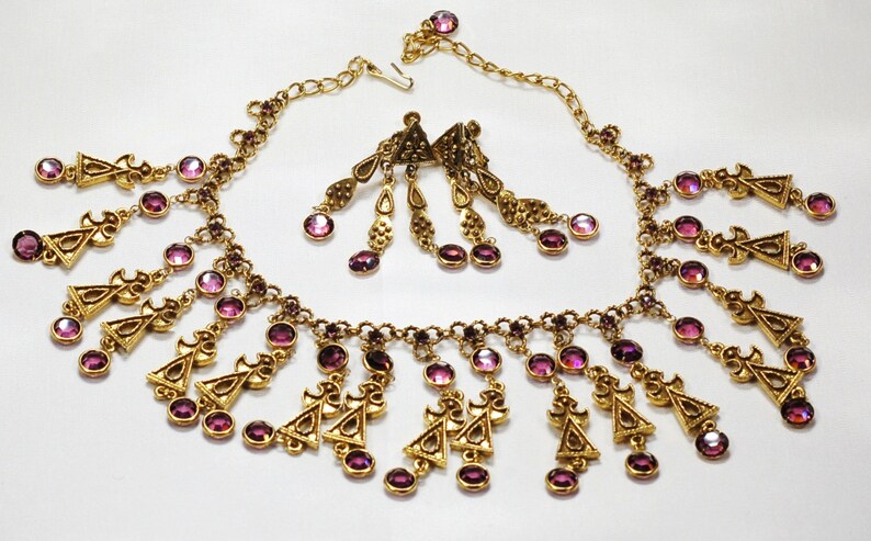 Goldette Egyptian Purple Crystal Rhinestone Necklace Earring Set Vintage Jewelry image 3