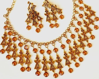 Goldette Egyptian Crystal Rhinestone Necklace Earring Set Vintage Jewelry