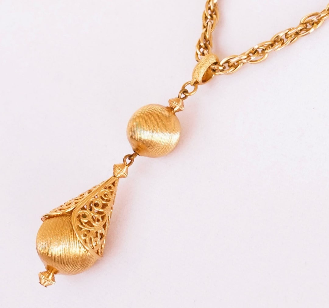 Gold Rope Chain Brushed Gold Ball Lattice Pendant Necklace 1960S