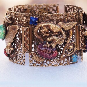 Massive Gold Filigree Dragon Art Glass Figural Bracelet image 9