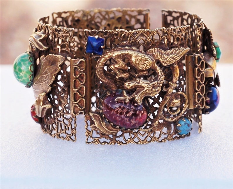 Massive Gold Filigree Dragon Art Glass Figural Bracelet image 9