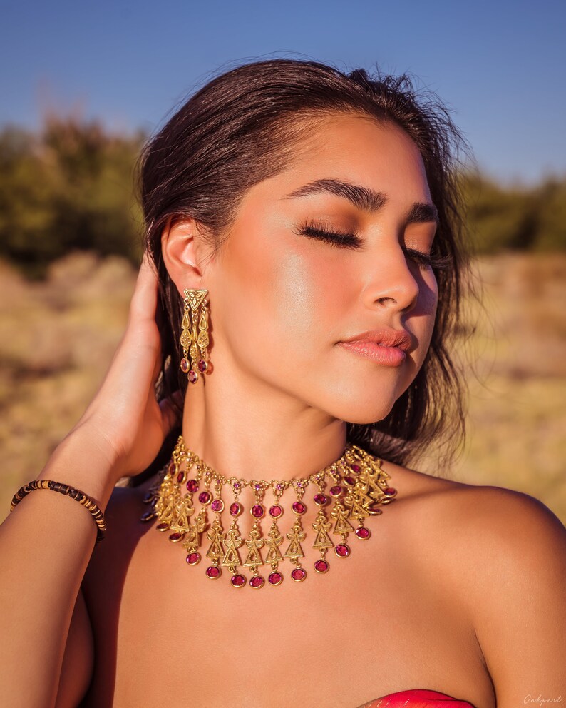 Goldette Egyptian Purple Crystal Rhinestone Necklace Earring Set Vintage Jewelry image 2