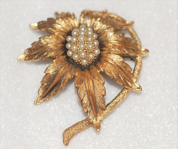 Tortolani Gilt Gold Pearl Sunflower Brooch Pin - image 2