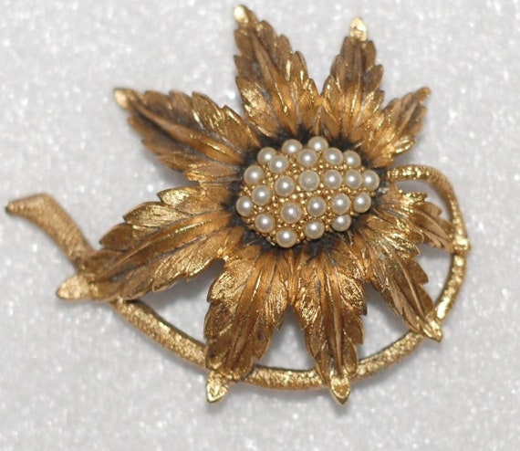 Tortolani Gilt Gold Pearl Sunflower Brooch Pin - image 1