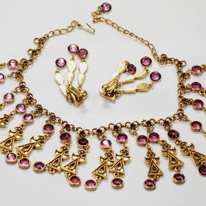 Goldette Egyptian Purple Crystal Rhinestone Necklace Earring Set Vintage Jewelry image 7