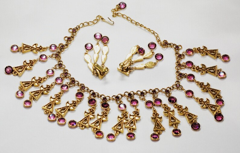 Goldette Egyptian Purple Crystal Rhinestone Necklace Earring Set Vintage Jewelry image 7