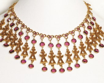 Goldette Egyptian Purple Crystal Rhinestone Necklace Earring Set Vintage Jewelry