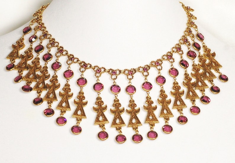 Goldette Egyptian Purple Crystal Rhinestone Necklace Earring Set Vintage Jewelry image 1