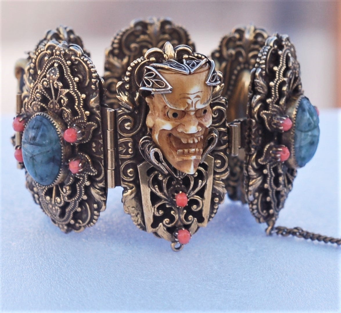 RARE J Braunstein Smiling Devil Monster Faces Scarab Ornate