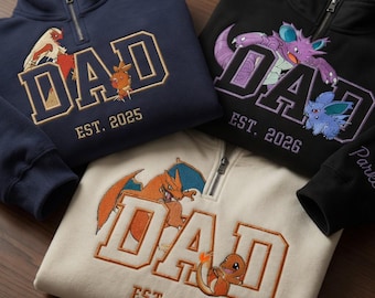 Benutzerdefiniertes PokaDad gesticktes Sweatshirt mit Reißverschluss, personalisierte Anime-Charaktere, Anime-Vatertagsgeschenk, Geburtstagsgeschenk für Papa, Taschentier