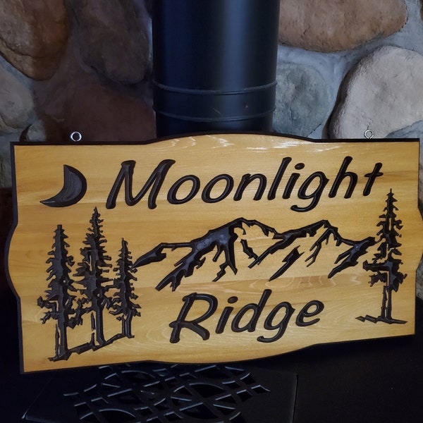 Mountain Ridge with Pines   Personalized  Cedar Carved Wood Sign  You can choose  your wording