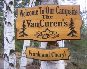 Custom Carved Campsite Sign: Cedar Wood, Personalized Name Sign