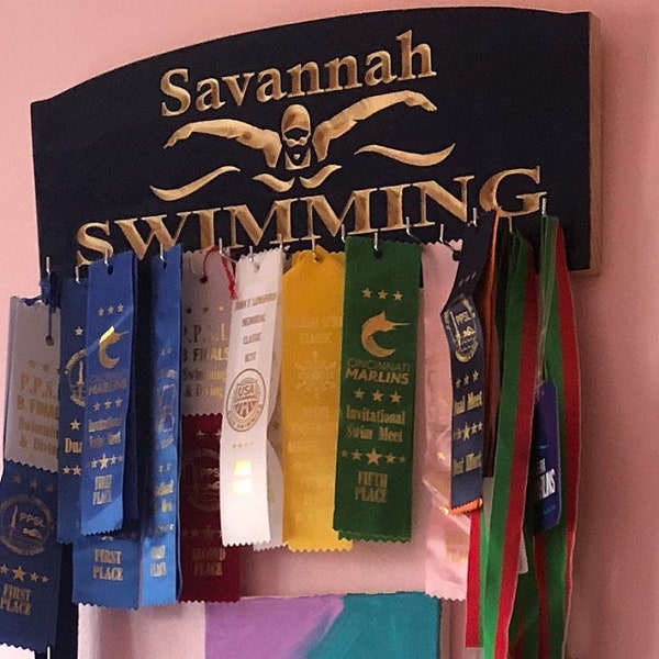 Swimming Medals Hanger- -Personalized with Name Customize  Sports Medal Display Rack  Ribbon Awards Hanger Swimming medals holder