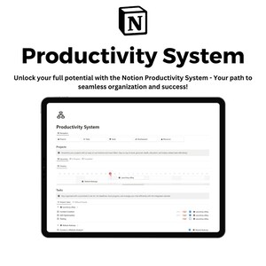May include: A digital productivity system displayed on a tablet screen, featuring the Notion logo, the text Productivity System, and a dashboard with sections for projects, tasks, timelines, and navigation menus for organized project management.