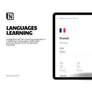 May include: A digital tablet displaying a language learning interface with the text LANGUAGES LEARNING, complete tool for tracking progress in 7 different languages. With goal setting, Notes, and vocabulary tracking. The screen shows French, Vocabulary, Tasks, and Subtasks.