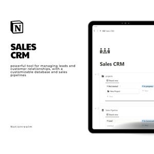 May include: A digital tablet displaying a Sales CRM interface with sections for projects and sales pipelines. The screen shows board views with status tags like Not started, In progress, and In Conversation. The text Notionrealm is visible.