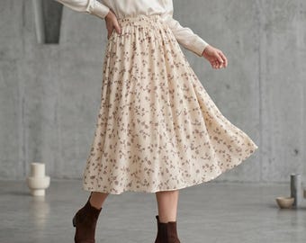 Gonna midi a trapezio con stampa floreale / Vita alta, fluida, stile estivo da ufficio