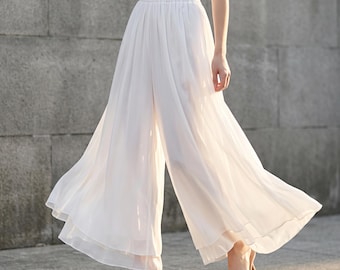 Pantalones de gasa de pierna ancha para mujer / Elegantes pantalones holgados de talle alto / Pantalones ligeros y fluidos