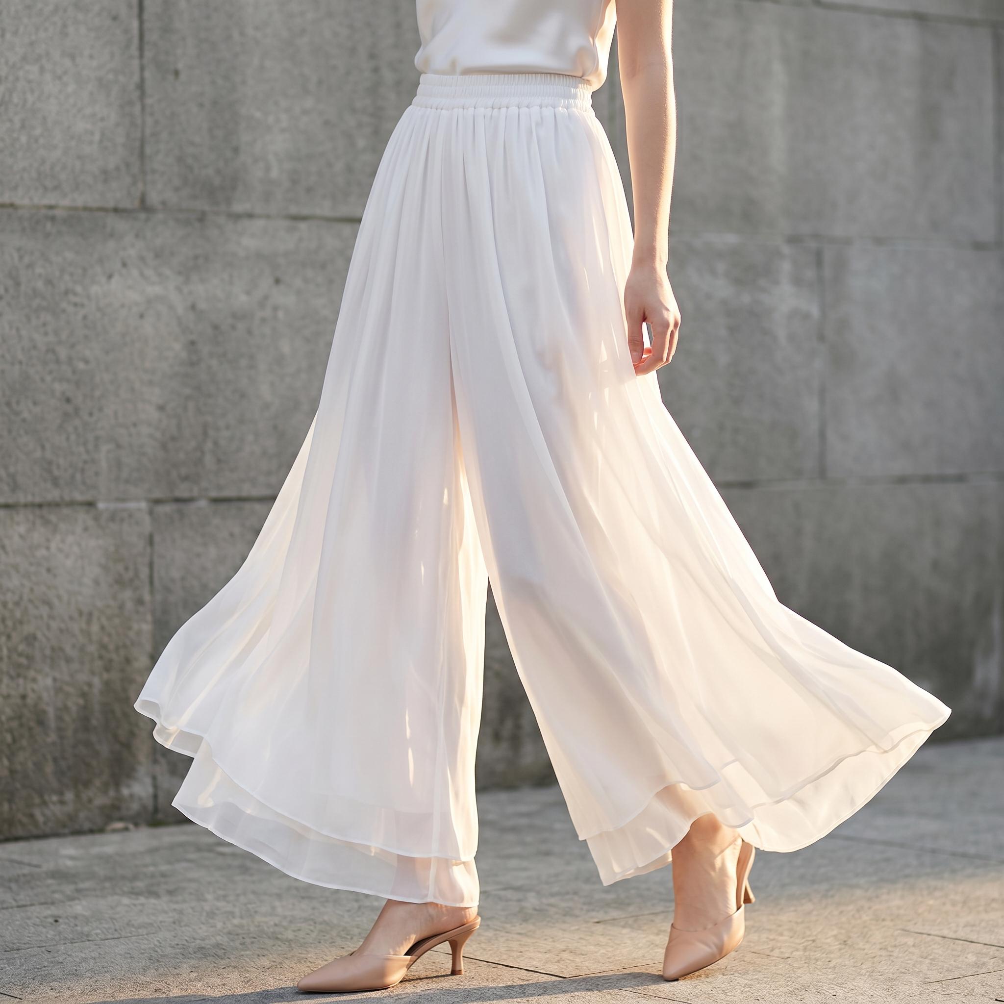 white chiffon dress pants White Chiffon Layered and Side Open Wide-Leg Pants White / XX-Large