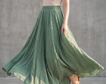 Boho Cotton Linen Maxi Skirt | High Waist Pleated A-Line Summer Beach Skirt