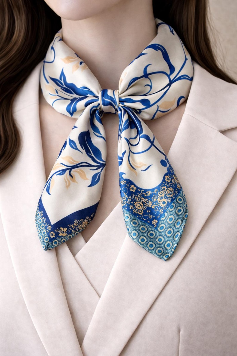 Blue Floral Silk Scarf, Elegant Luxury Neck Scarf, Square Silk Scarf ...