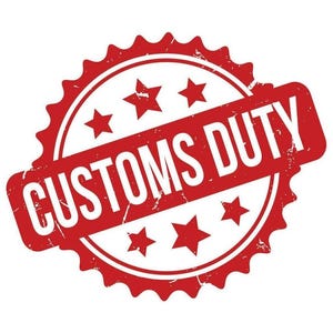 May include: A red circular stamp graphic with a serrated edge featuring five stars and the text CUSTOMS DUTY in bold white capital letters set diagonally across the center of the design on a plain white background.