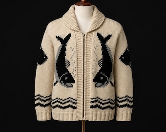 Original Vintage 1950s Cowichan Hunting Duck Cardigan Sweater