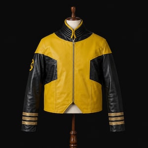 May include: A yellow and black leather jacket featuring a high collar, a full-length front zipper, and long sleeves with three horizontal gold stripes at the cuffs. A circular yellow emblem is visible on the upper right sleeve of the garment.