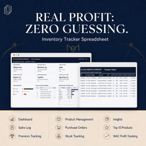 May include: A digital inventory tracker spreadsheet with the text "REAL PROFIT: ZERO GUESSING." The dashboard displays sales data, inventory value, and units in stock. Additional features include product management and premium tracking.