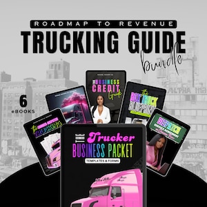 Op de afbeelding: Een digitaal pakket van 6 e-books getiteld Roadmap to Revenue Trucking Guide Bundle. De covers bevatten teksten zoals The Business Credit Guide, The Box Truck Blueprint, The Carrier-Dispatch Trucking en The Trucker Business Packet Templates & Forms.