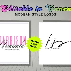 Pu&ograve; includere: Immagine con due loghi in stile moderno su sfondi bianchi. Un logo presenta il nome "Garrison Amanda" in rosa e nero, con "Business Consultant" sotto. L'altro logo mostra "kj" e "Kim Janes" in nero. Il testo in alto recita "Editable in Canva".