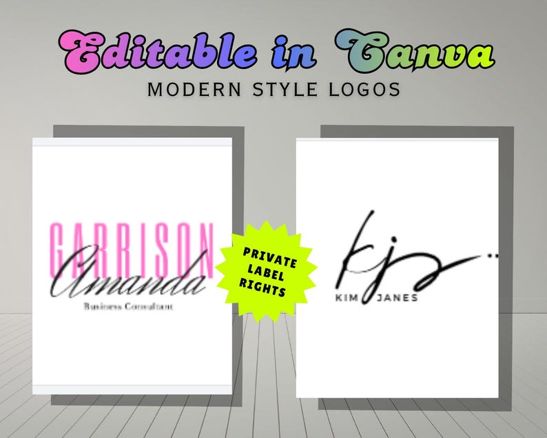 Pu&ograve; includere: Immagine con due loghi in stile moderno su sfondi bianchi. Un logo presenta il nome "Garrison Amanda" in rosa e nero, con "Business Consultant" sotto. L'altro logo mostra "kj" e "Kim Janes" in nero. Il testo in alto recita "Editable in Canva".