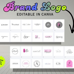 Pu&ograve; includere: Una collezione di design di loghi con il testo "Brand Logo EDITABLE IN CANVA" e "PRIVATE LABEL RIGHTS". I loghi presentano vari stili, caratteri e colori, adatti per il branding e la personalizzazione.