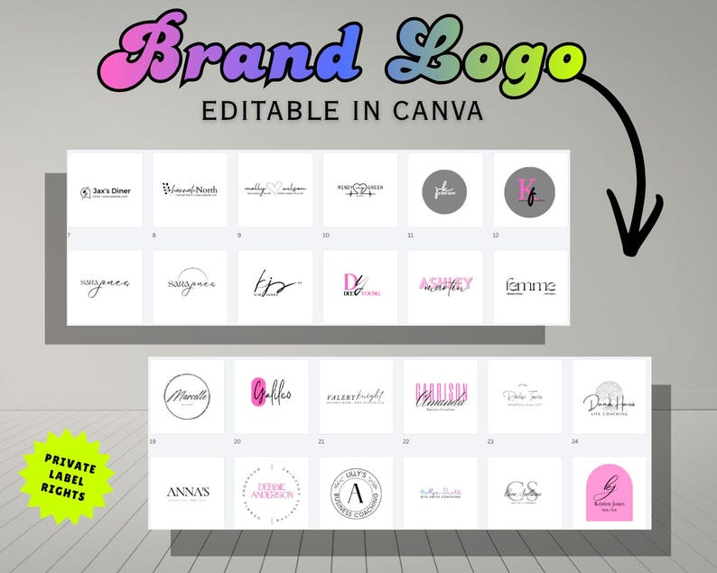 Pu&ograve; includere: Una collezione di design di loghi con il testo "Brand Logo EDITABLE IN CANVA" e "PRIVATE LABEL RIGHTS". I loghi presentano vari stili, caratteri e colori, adatti per il branding e la personalizzazione.