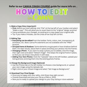 Pu&ograve; includere: Una guida tutorial di Canva bianca con il titolo "HOW TO EDIT in Canva" in un carattere sfumato colorato. La guida fornisce istruzioni su come creare una copia, suggerimenti per la modifica, cambiare l'immagine di sfondo e scaricare il design finale.