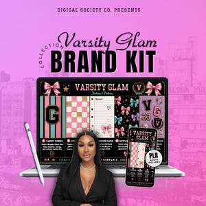 May include: A digital brand kit titled Varsity Glam displayed on a laptop and smartphone screen. The graphics feature pink, black, and gold color schemes with patterns including stripes, checkers, bows, and collegiate letters. A stylus is positioned to the left.
