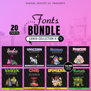 Fontes de 20 caracteres | Coleção Canva | Lembrancinhas para festas temáticas | Letras | Números | Elementos | Pacote | PLR-MRR (Download digital)