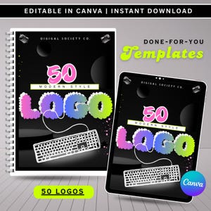 Pu&ograve; includere: Un design digitale con un taccuino e un tablet che mostra un design del logo. Il design del logo include il numero "50" in rosa, la parola "LOGO" in lettere a bolle colorate e un'illustrazione della tastiera. Il testo recita "EDITABLE IN CANVA | INSTANT DOWNLOAD".