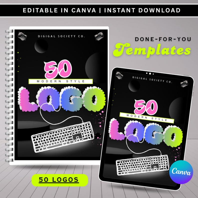 Pu&ograve; includere: Un design digitale con un taccuino e un tablet che mostra un design del logo. Il design del logo include il numero "50" in rosa, la parola "LOGO" in lettere a bolle colorate e un'illustrazione della tastiera. Il testo recita "EDITABLE IN CANVA | INSTANT DOWNLOAD".